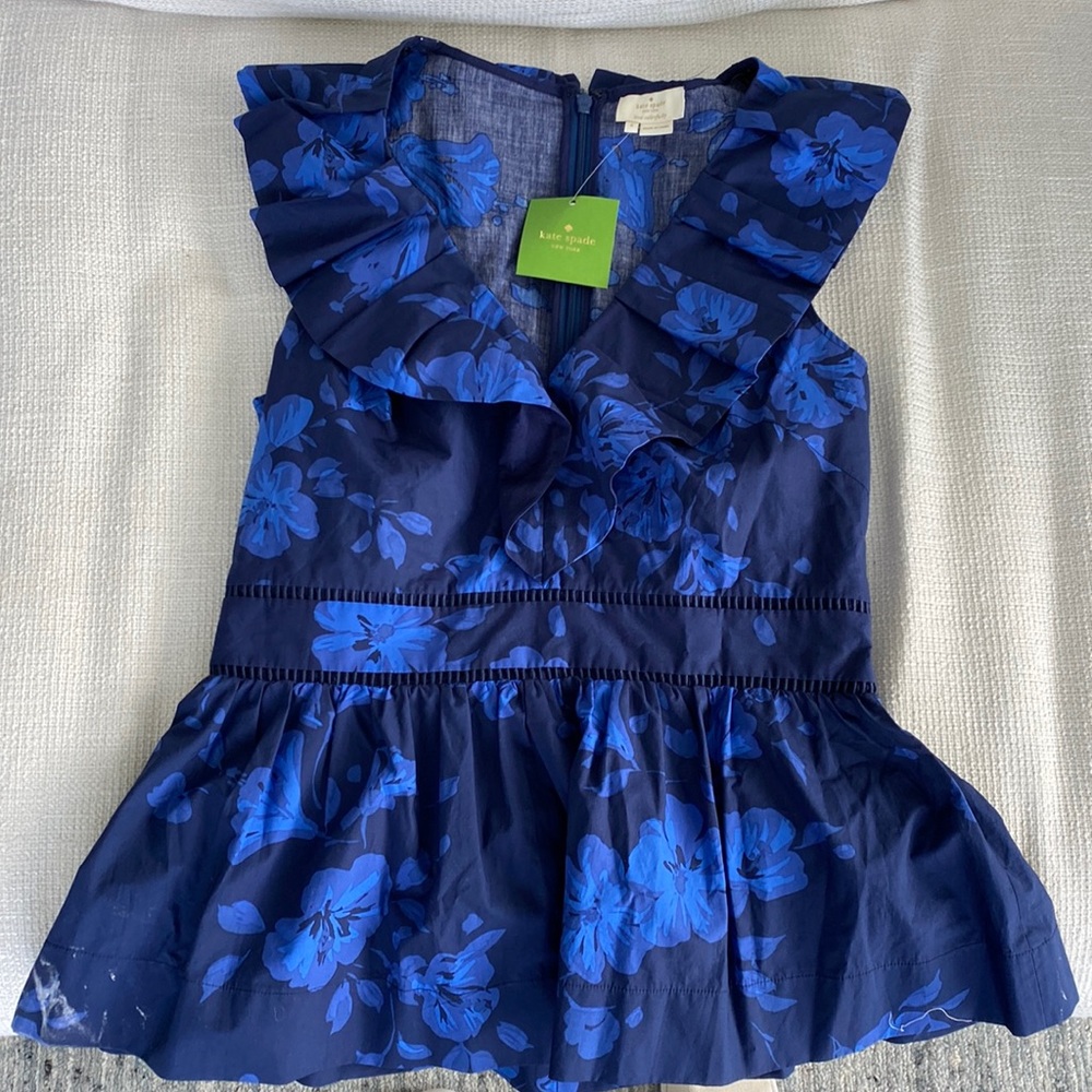 NWT Kate Spade Hibiscus Ruffle Neck Top California Dreaming French Navy Size 6